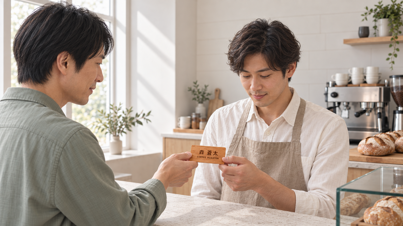 カフェ・ベーカリーの出会いで、名前と職種を刻印した木の名刺を交換する、架空の日本人2人のイメージ