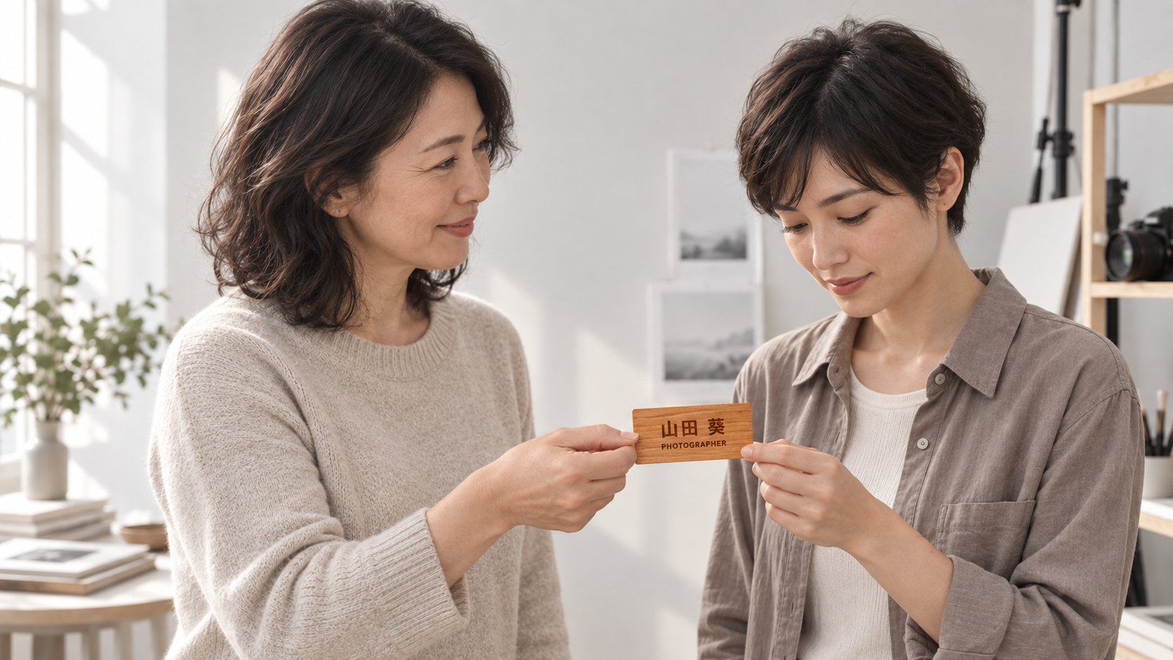 写真・デザインの出会いで、名前と職種を刻印した木の名刺を交換する、架空の日本人2人のイメージ